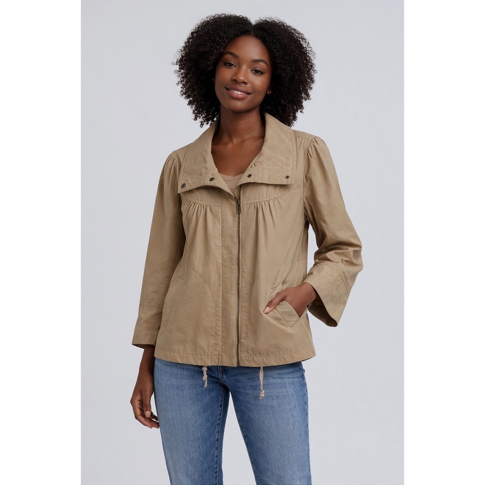 Trulli Women's Tan Utility Jacket Cropped Full Zip‎ Stand Collar L  101-50